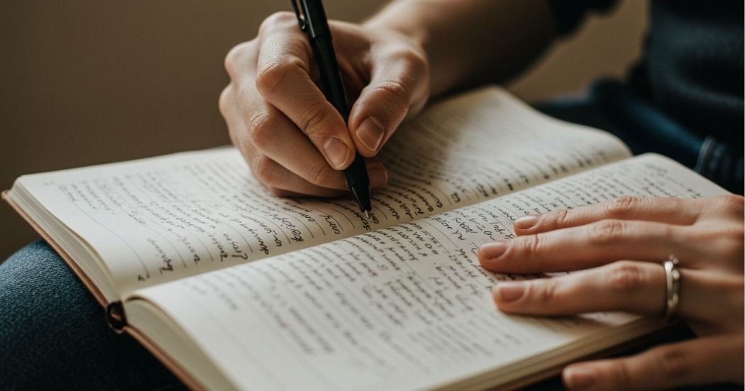 Close-up of hands writing in a journal, symbolizing a practical exercise to shift from a scarcity to an abundance mindset.