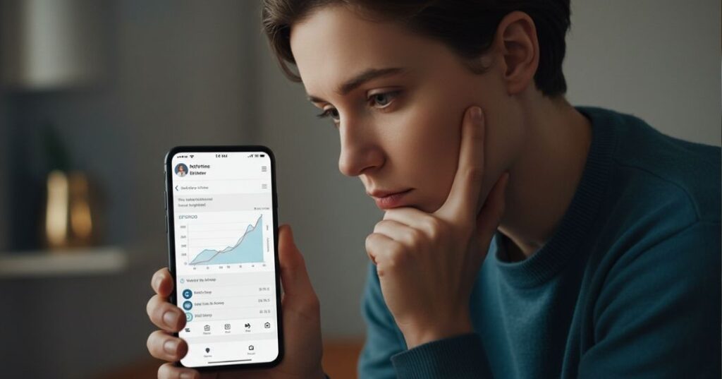 Devices for Monitoring Sleep Recovery: Track Your Way to Better Rest 4 "Illustration of a person calmly reviewing their sleep data on a smartphone app, showing trends for HRV and sleep stages, emphasizing data-driven recovery."