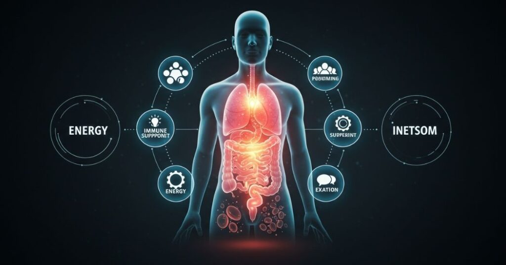 Illustration of balanced digestive system surrounded by energy, immunity, and mood icons.