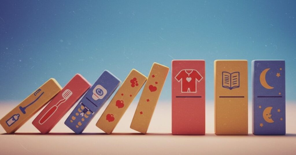 Bedtime Routine for Sleep Recovery: How to Wind Down for Deep, Restorative Rest 4 "Illustration of a row of identical icons representing a bedtime routine falling in a consistent sequence, emphasizing the importance of regularity."