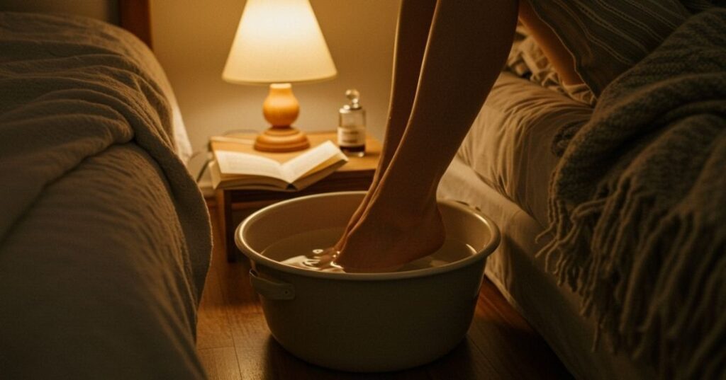 Bedtime Routine for Sleep Recovery: How to Wind Down for Deep, Restorative Rest 3 "Image showcasing elements of a relaxing bedtime routine: a person soaking their feet, reading under warm light, and a cozy blanket."