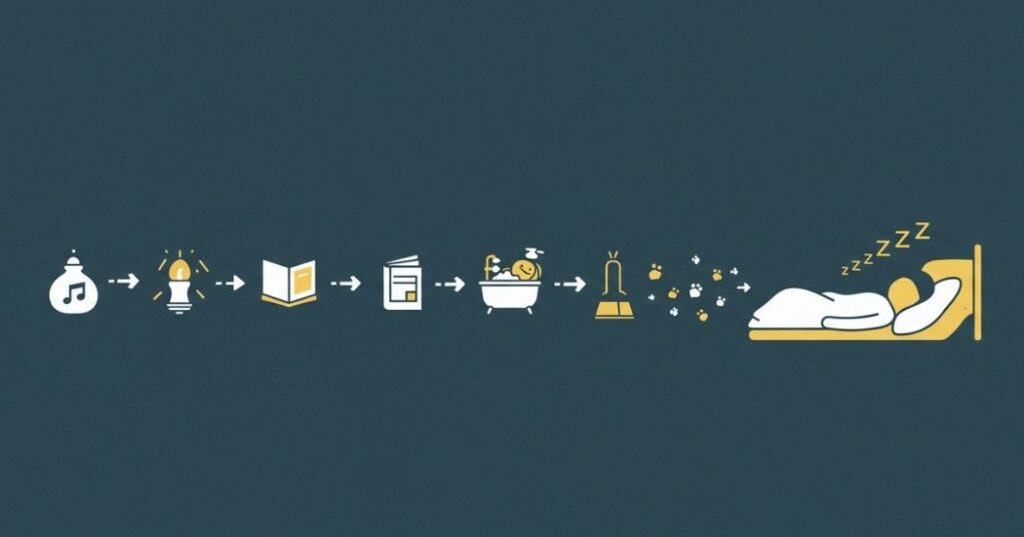 Bedtime Routine for Sleep Recovery: How to Wind Down for Deep, Restorative Rest 2 "Illustration showing a flow of small icons representing bedtime routine activities (dimming lights, reading, bath, stretching) leading to a larger icon of a sleeping person, symbolizing the progression to sleep recovery."