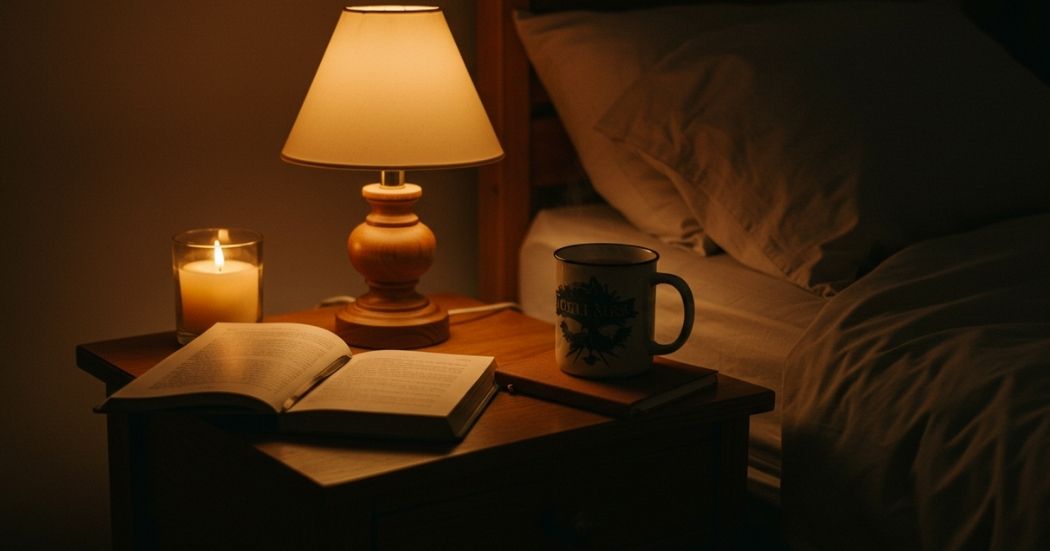 Bedtime Routine for Sleep Recovery: How to Wind Down for Deep, Restorative Rest 8 "Top-down view of a bedside table with a lit candle, book, tea, and journal, symbolizing a calming bedtime routine for sleep recovery."