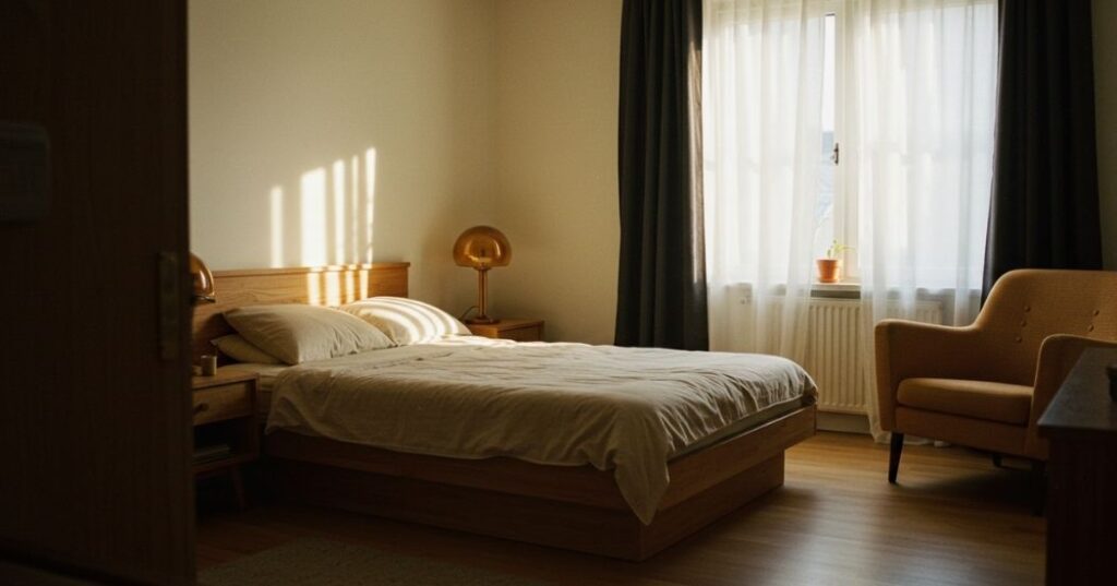 Blackout-curtained bedroom with soft lighting for daytime sleep