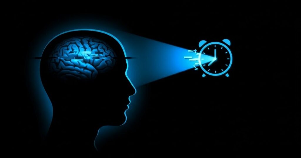 Blue Light Sleep Recovery: What It Is and How to Protect Your Rest 2 "Illustration of a blue light beam from a screen shining into a human head, causing visual static in the brain area and a distorted clock, symbolizing blue light's disruption of sleep and circadian rhythm."