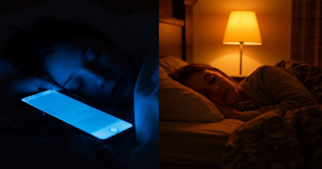 Blue Light Sleep Recovery: What It Is and How to Protect Your Rest 7 "Split image depicting blue light from a phone disrupting sleep on one side and warm, dim light promoting peaceful sleep on the other, symbolizing blue light's impact on sleep recovery."