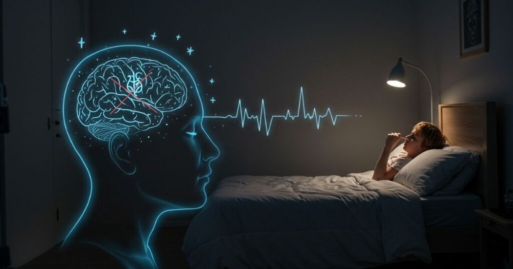 CBT-I for Insomnia Recovery: How to Retrain Your Brain for Deep, Restorative Sleep 2 "Illustration depicting a calm, sleeping head with simplified brain activity, symbolizing how CBT-I retrains the brain for better sleep."