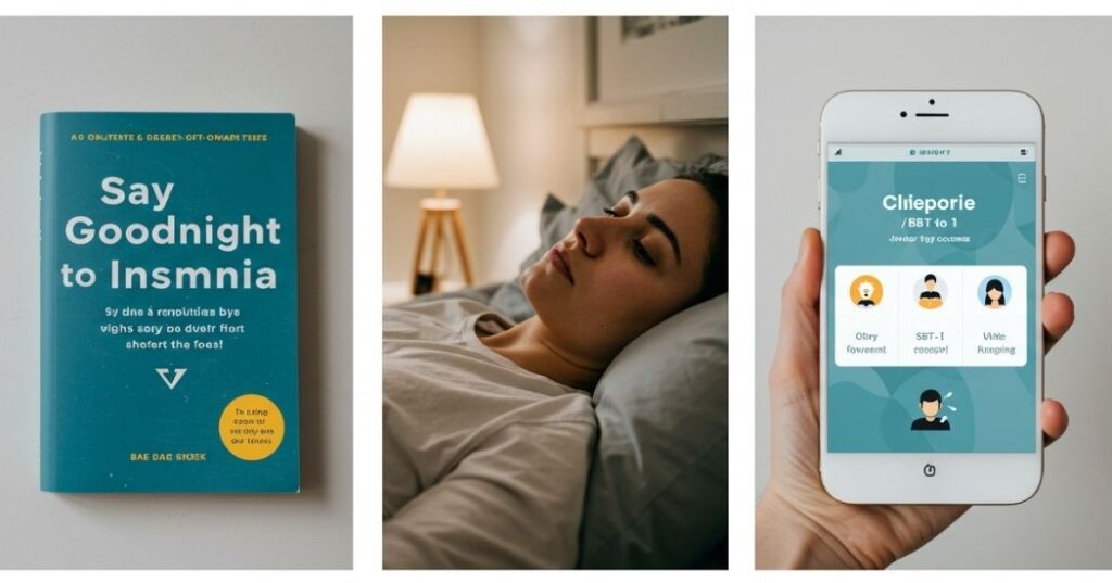 CBT-I for Insomnia Recovery: How to Retrain Your Brain for Deep, Restorative Sleep 4 "Collage of CBT-I resources including a book, a digital therapy app screen, and a therapist icon, indicating various ways to access CBT-I."