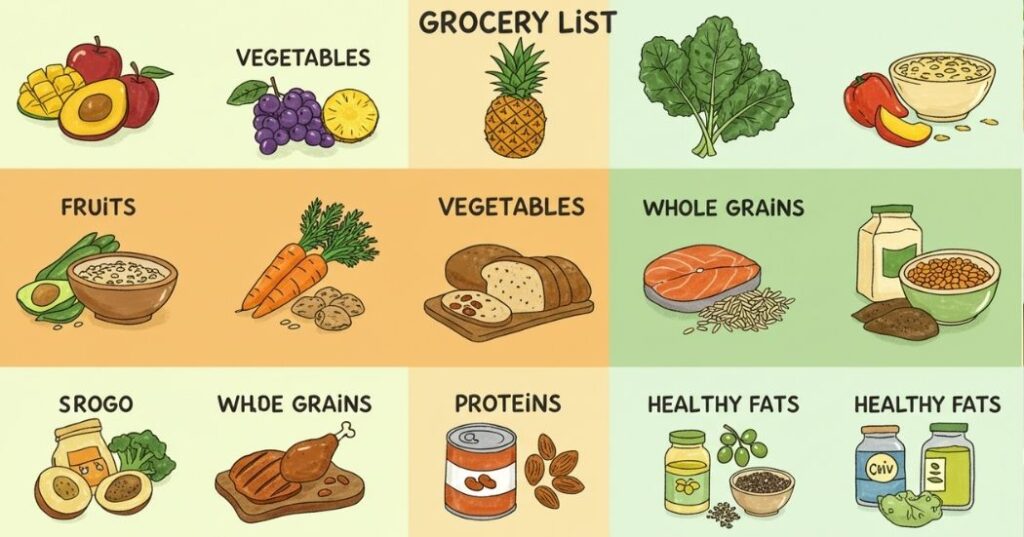 Shop Smart, Eat Clean: Your Essential Clean Eating Grocery List 3 Illustrated clean eating grocery list by food category with visual icons.