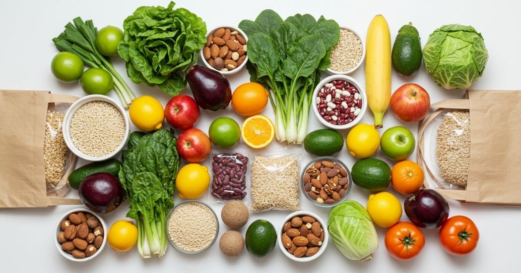 Shop Smart, Eat Clean: Your Essential Clean Eating Grocery List 1 Flat-lay illustration of whole, unprocessed foods for a clean eating grocery list.