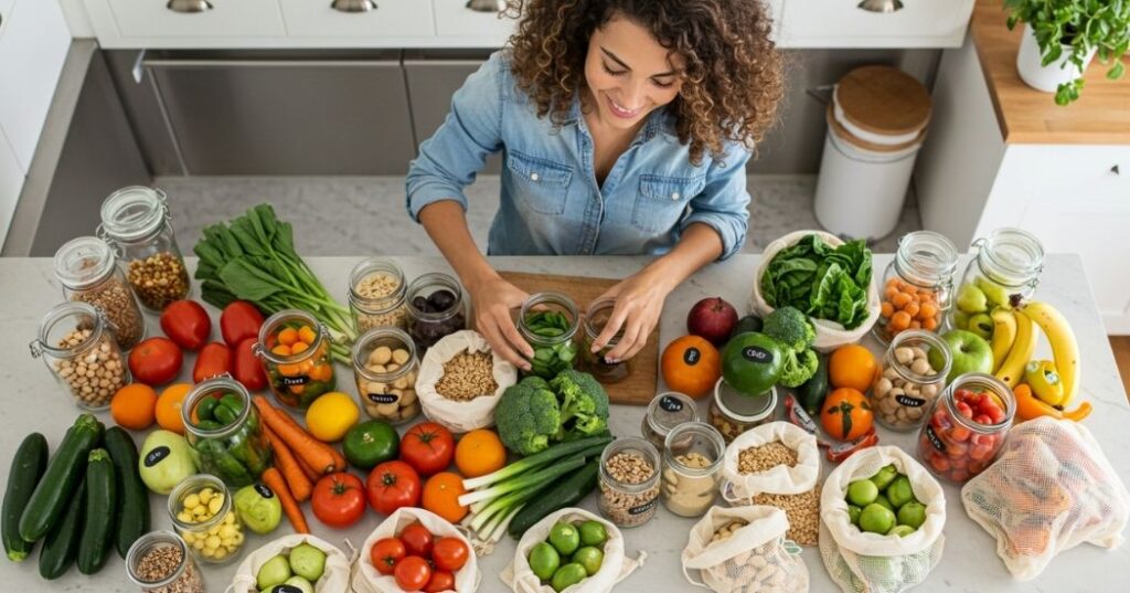 Shop Smart, Eat Clean: Your Essential Clean Eating Grocery List 2 Woman organizing clean eating groceries like produce and grains into reusable containers.