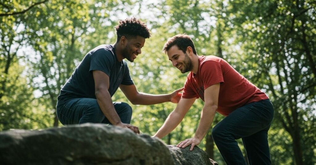 The Power of 'Yet': How a Simple Word Can Cultivate a Growth Mindset 4 Two people helping each other overcome a small obstacle, demonstrating collaborative learning and supportive relationships in a growth mindset.