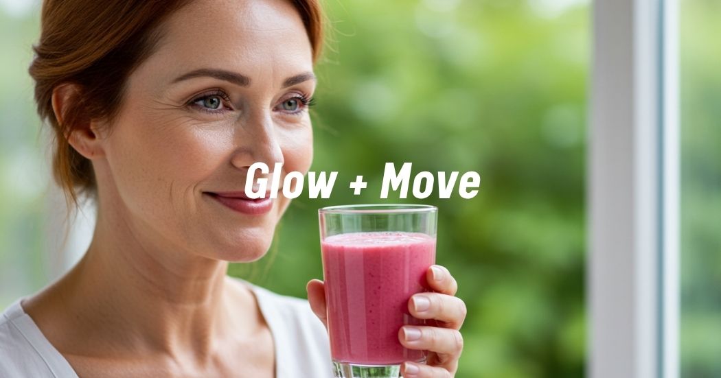 Radiant woman in her mid-40s enjoying a collagen smoothie, representing skin and joint health benefits of collagen peptides powder