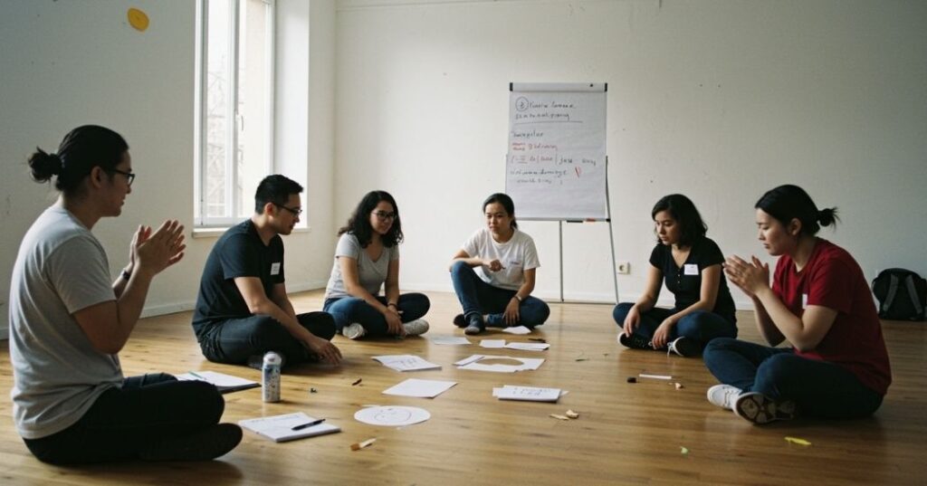 Group of adults participating in a confidence-building workshop