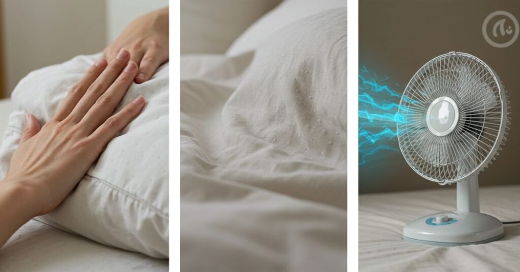 What Is the Optimal Room Temperature for Deep Sleep Recovery? 3 "Composite image showing breathable bed linens, a bedside fan, and an icon representing cooling mattress technology, illustrating ways to optimize bedroom temperature for sleep."