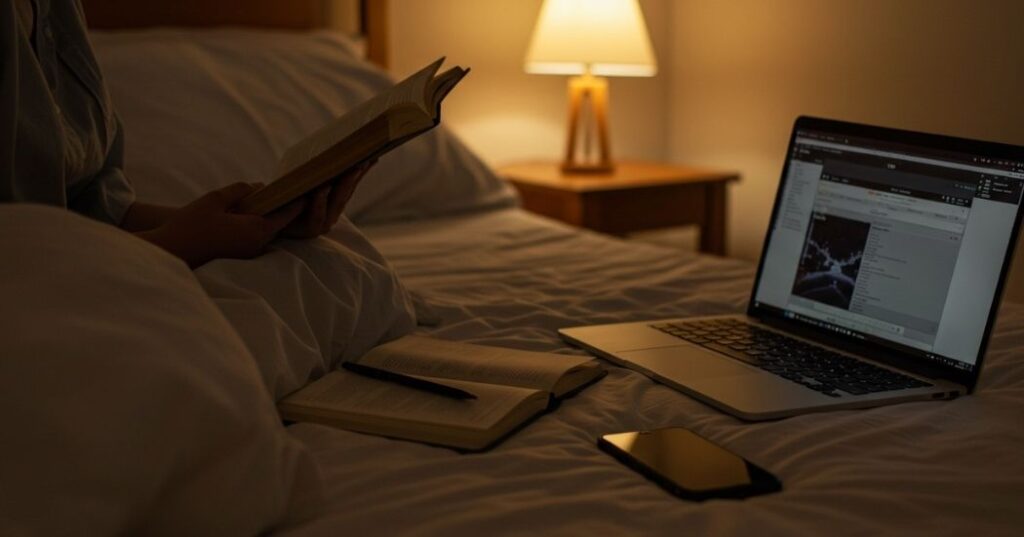 Blue Light Sleep Recovery: What It Is and How to Protect Your Rest 3 "A person reading a physical book under a warm lamp in a bedroom, with powered-down electronic devices nearby, illustrating a digital sunset routine before sleep."