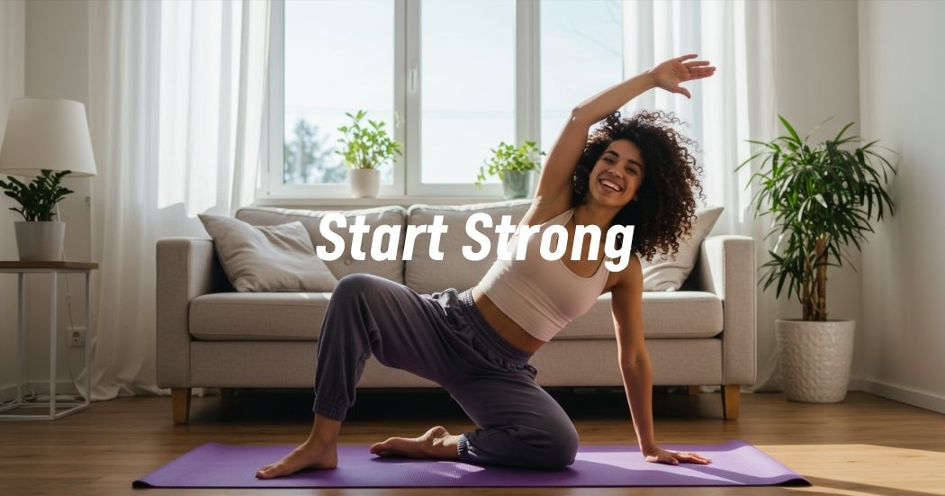 Start Strong: Your Easy Exercise Routine for Beginners (No Gym Needed!) 1 Woman performing easy morning exercises on a yoga mat in a bright living room