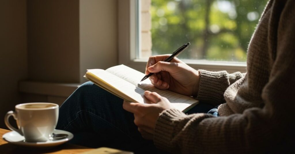 Mindset Coaching Techniques to Unlock Creativity for Entrepreneurs 2 "Entrepreneur taking a mindful break in a calm environment with a notebook, practicing 'anti-hustle scheduling' to spark creativity."
