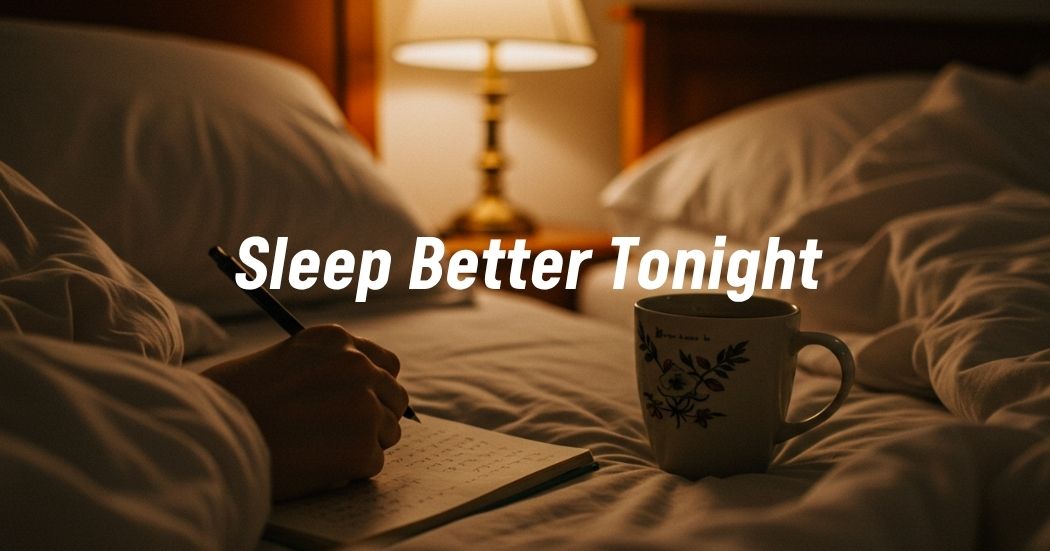 A peaceful evening bedroom setup with warm lighting and relaxing bedtime elements to encourage better sleep