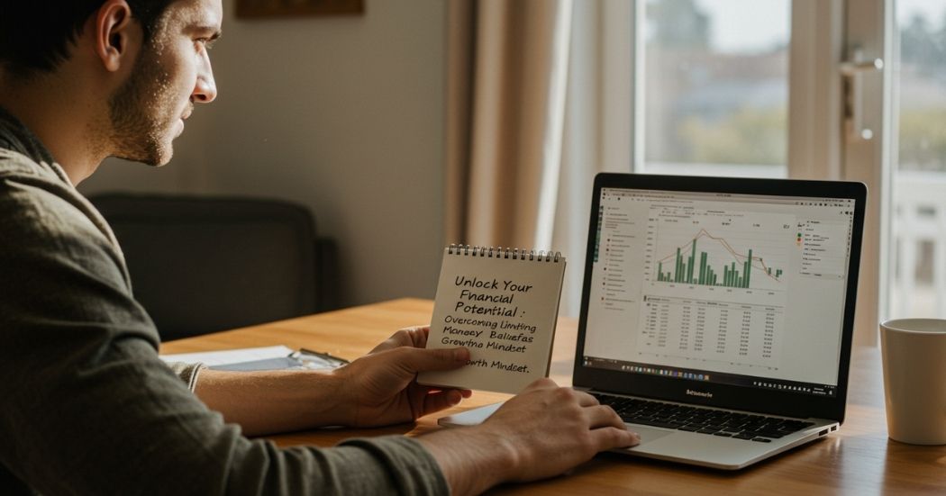 Image representing financial mindset growth, showing invisible barriers being broken and a person achieving financial freedom through a growth mindset.