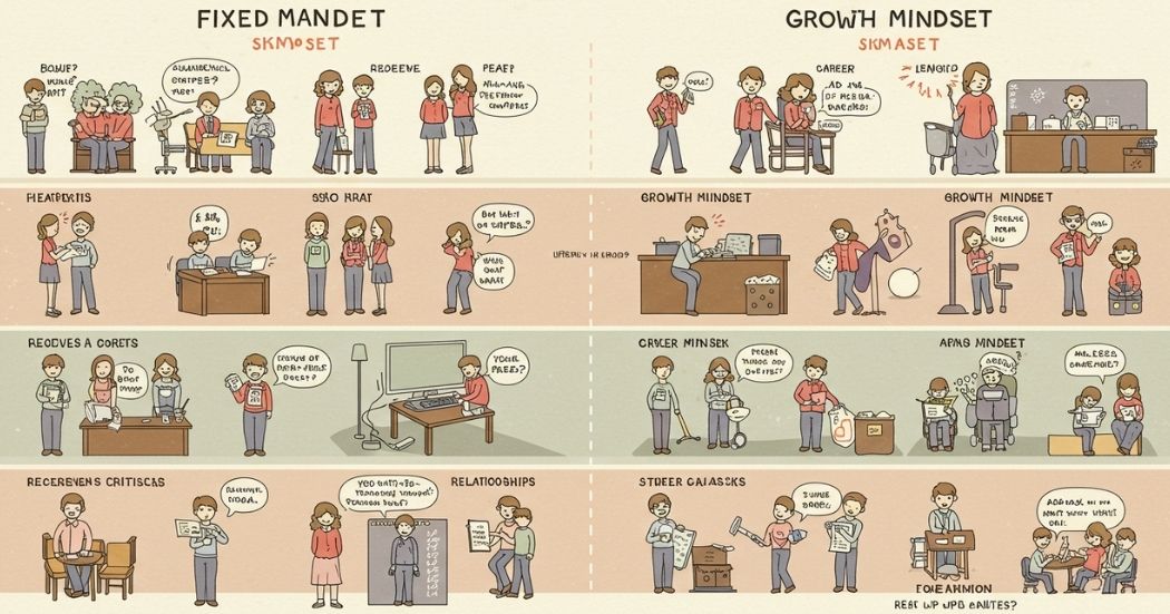 Illustrated chart showing real-life comparisons between fixed mindset and growth mindset responses across different life areas.