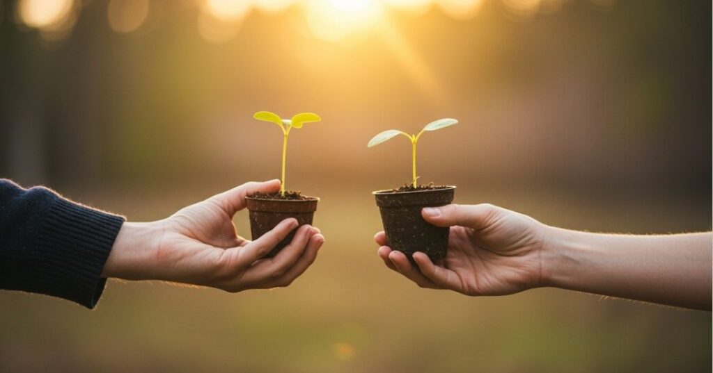 From Scarcity to Abundance: Practical Exercises to Shift Your Mindset 3 Close-up of two hands gently exchanging a small potted plant, symbolizing an act of generosity fostering an abundance mindset.