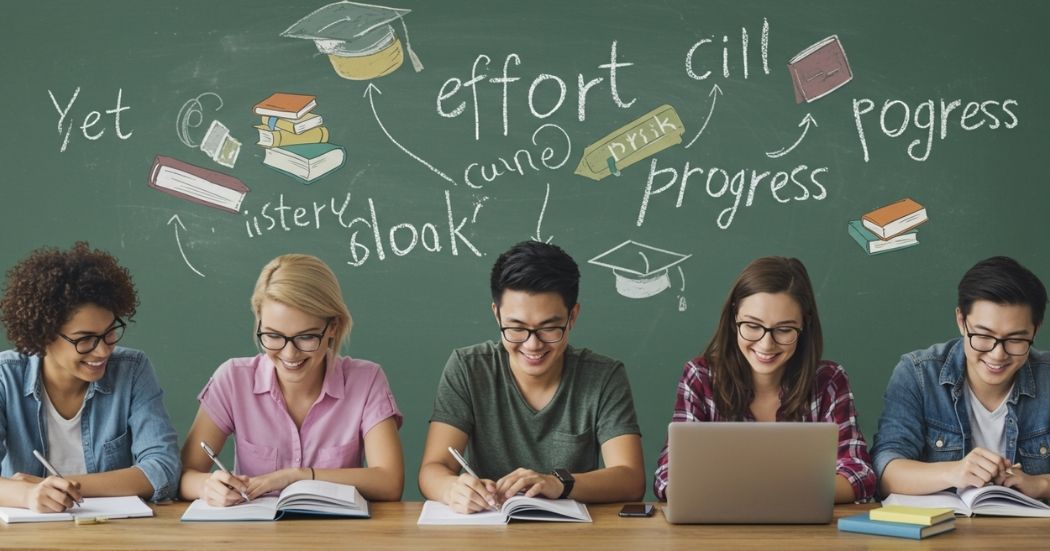 Students studying with motivation and growth mindset symbols like “yet” and “effort” in the background.