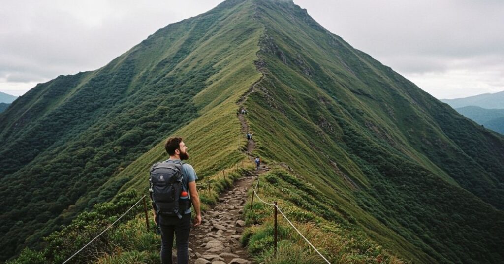 The Power of 'Yet': How a Simple Word Can Cultivate a Growth Mindset 2 A person confidently ascending a winding, green mountain path, symbolizing progress and a growth mindset.