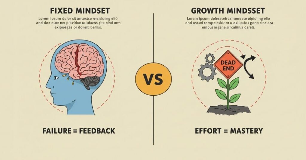 Building Mental Toughness: How a Growth Mindset Can Make You Unstoppable 3 Infographic comparing fixed mindset and growth mindset, illustrating how a growth mindset views challenges and effort for mental oughness.