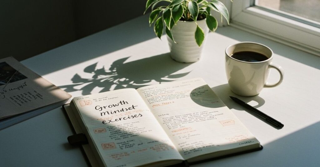 Open journal with growth mindset exercises written, on a desk with coffee and plant