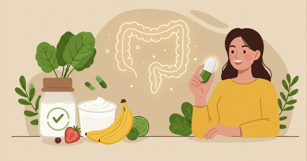 Unlock Your Gut Potential: A Review of the Best Gut Health Supplements 1 Woman holding probiotic capsule with gut-friendly foods and balanced gut illustration.