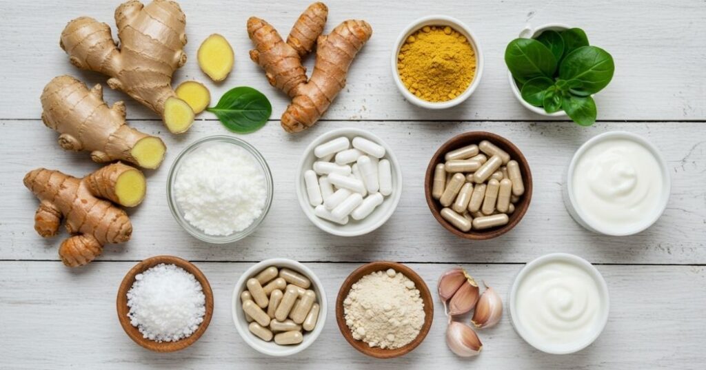 Flat lay of natural gut health supplements and ingredients on white wood background.