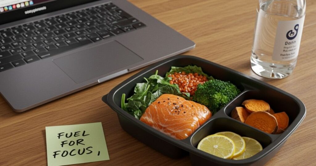 Meal Planning for Busy Professionals: Eat Smart, Save Time, and Stay Energized 4 A desk setup with a healthy lunch box and note reminding to stay fueled during work.