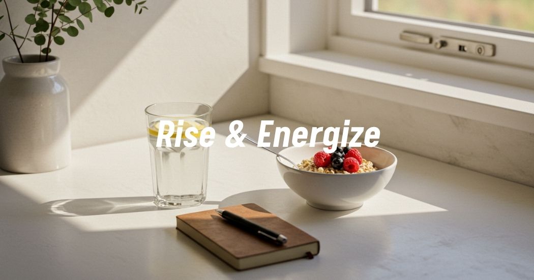 Flatlay image of a healthy morning setting with lemon water, oatmeal, and a journal on a sunlit kitchen table