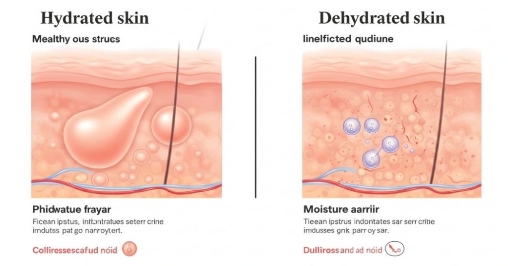 Hydration for Glowing Skin: Drink Your Way to a Radiant Complexion 2 Comparison infographic of hydrated vs dehydrated skin showing benefits of moisture.
