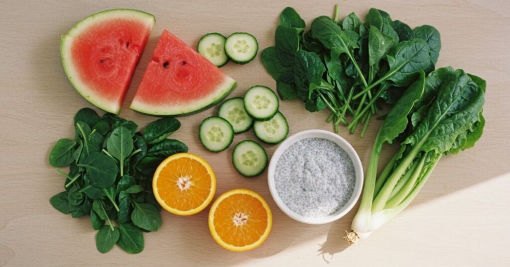 Hydration for Glowing Skin: Drink Your Way to a Radiant Complexion 3 Water-rich foods like cucumber, watermelon, and greens that support glowing skin.