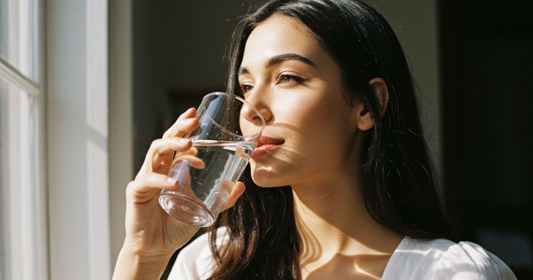 Hydration for Glowing Skin: Drink Your Way to a Radiant Complexion 1 Woman with glowing skin drinking water, surrounded by hydration-supporting fruits and sunlight.