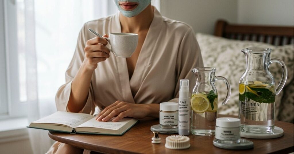 Hydration for Glowing Skin: Drink Your Way to a Radiant Complexion 4 Self-care setup with water, herbal tea, and skincare for a glowing complexion.