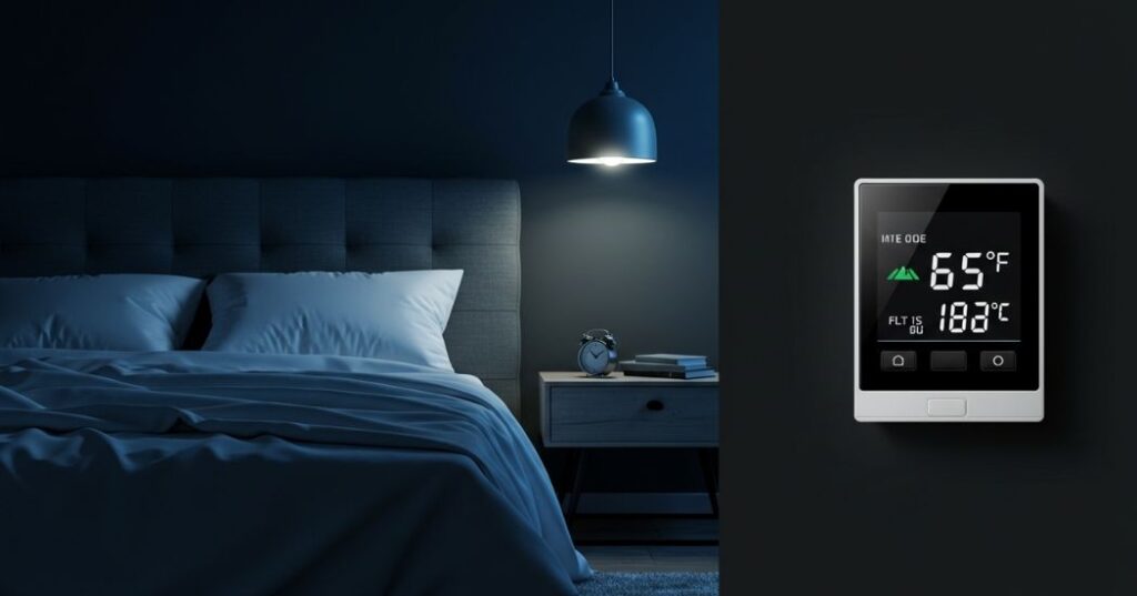 What Is the Optimal Room Temperature for Deep Sleep Recovery? 2 "A modern, calm bedroom set at 65°F (18°C), with dim lighting and inviting, cool-toned bedding, illustrating the optimal temperature for deep sleep recovery."