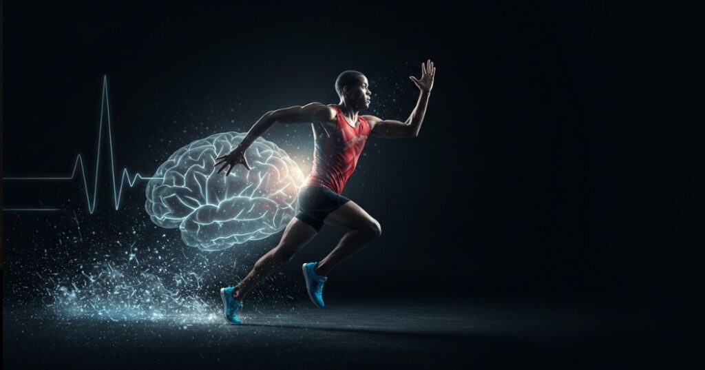 Conceptual image illustrating improved REM sleep for athletic recovery, showing brain activity during sleep with an athlete's silhouette and performance symbols.
