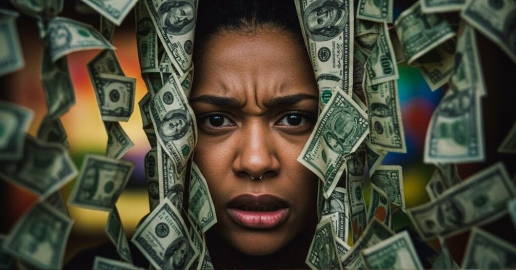 Unlock Your Financial Potential: Overcoming Limiting Money Beliefs with a Growth Mindset 2 Conceptual image of a hand breaking through a money-themed mental barrier, symbolizing overcoming limiting financial beliefs.