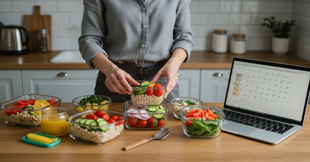 A busy woman meal prepping colorful lunches beside her laptop with a weekly meal planner.