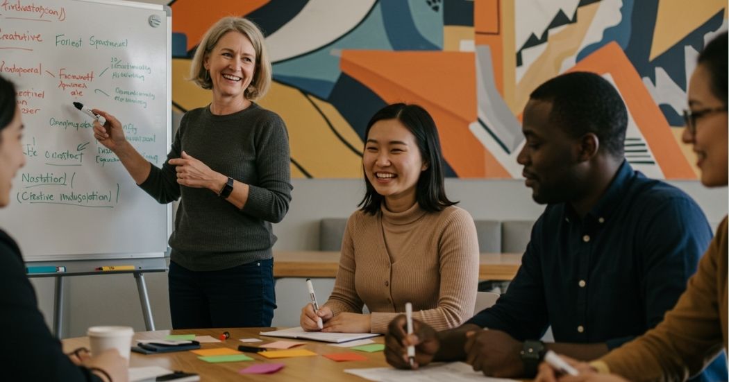"A female mindset coach leading a workshop with a diverse group of entrepreneurs, discussing strategies to unlock creativity on a whiteboard."