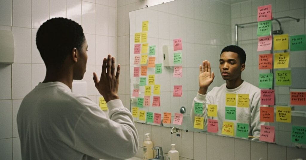 Person reading positive affirmations on mirror sticky notes