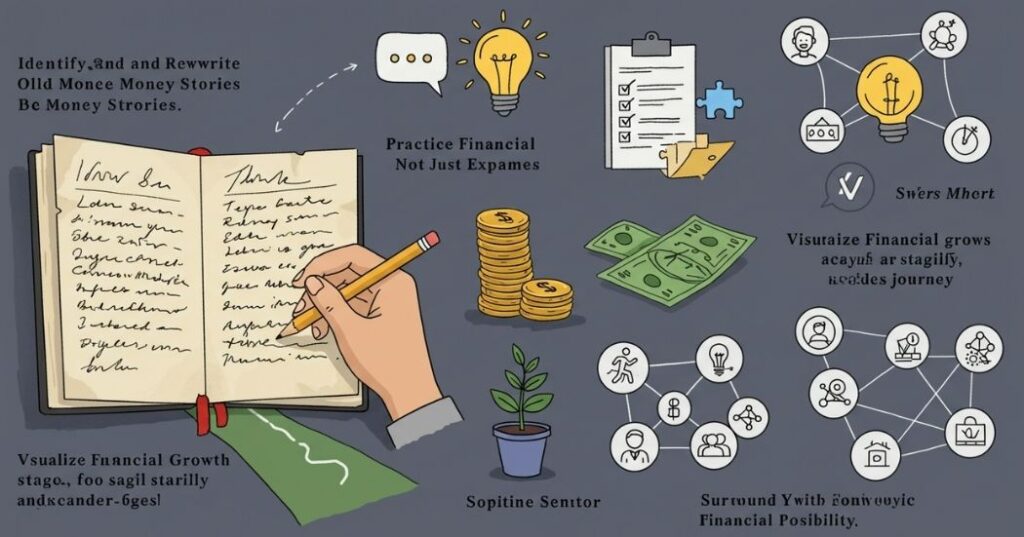 Unlock Your Financial Potential: Overcoming Limiting Money Beliefs with a Growth Mindset 3 Hand erasing old, negative financial beliefs written in a notebook and rewriting positive, empowering money narratives.