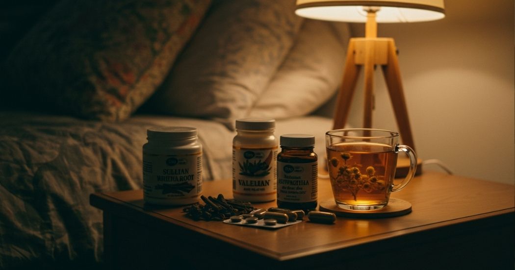 Beyond Melatonin: Natural Sleep Aids for Deep, Restorative Sleep Recovery 2 Natural sleep aids without melatonin – valerian root, chamomile tea, and ashwagandha supplements on a bedside table with soft lighting