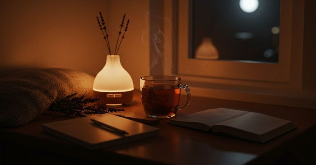 Alcohol and Sleep Quality: The Truth About Nightcaps & Your Rest 4 Relaxing sleep-friendly scene with tea, aromatherapy, and journaling instead of alcohol.