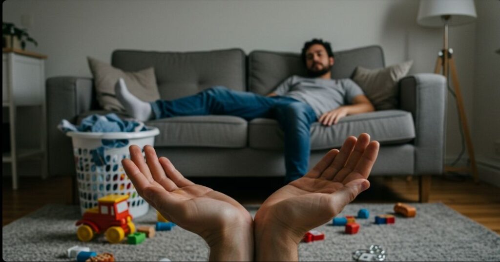 Image symbolizing a new parent letting go of perfectionism, showing a calm parent in a slightly lived-in home, prioritizing rest.