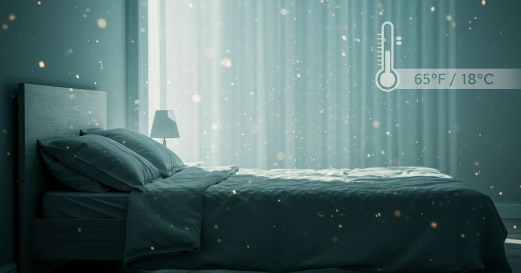 What Is the Optimal Room Temperature for Deep Sleep Recovery? 1 "Abstract image showing a cool-toned, inviting bed with a subtle thermometer icon, representing the optimal room temperature for deep sleep recovery."