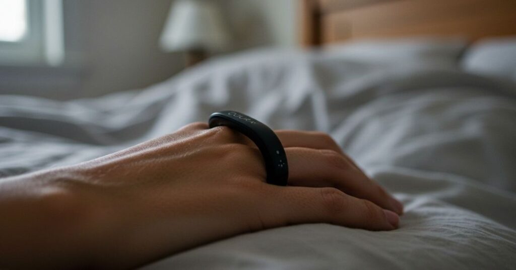 Devices for Monitoring Sleep Recovery: Track Your Way to Better Rest 3 "Close-up of an Oura Ring worn on a finger, showing its comfortable and discreet design for sleep monitoring."